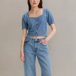 Levi’s Simone Short Sleeve Denim Top Sweetheart Neck Puffer Sleeve Size Medium